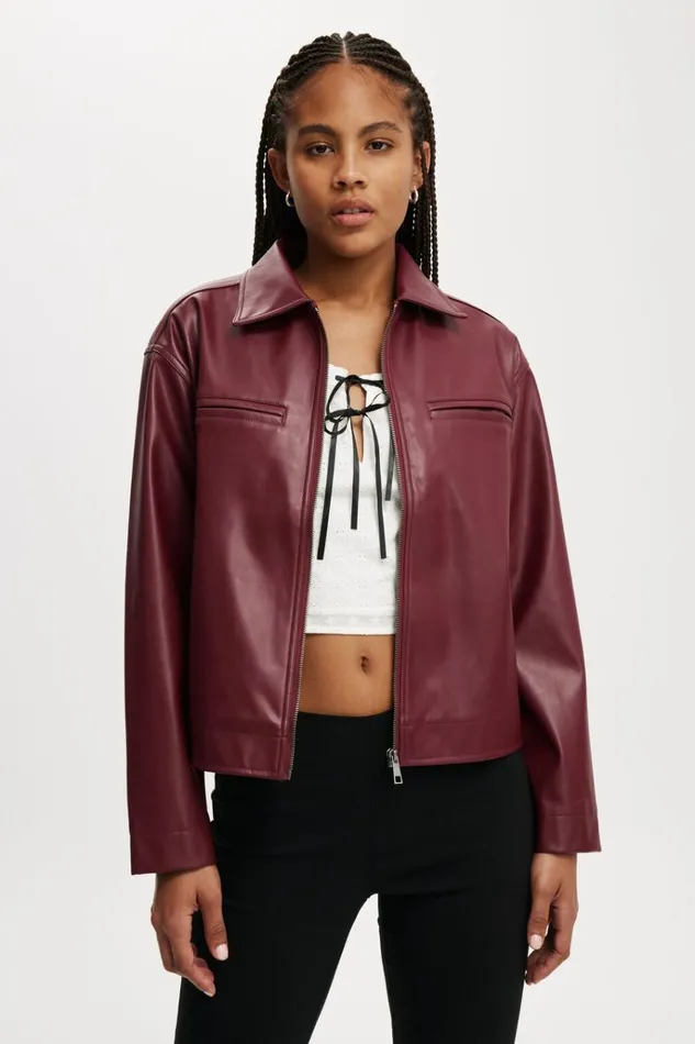 Women Jackets Cotton On Ivy Faux Leather Jacket Deep Cherry