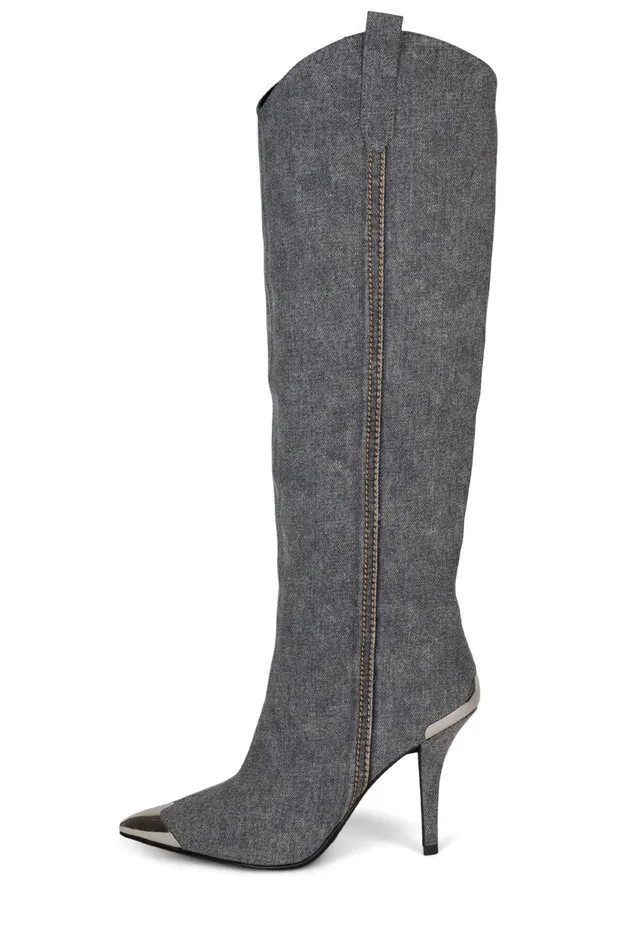 Women Jeffrey Campbell Knee To Thigh BYGOLLY Black Denim Pewter