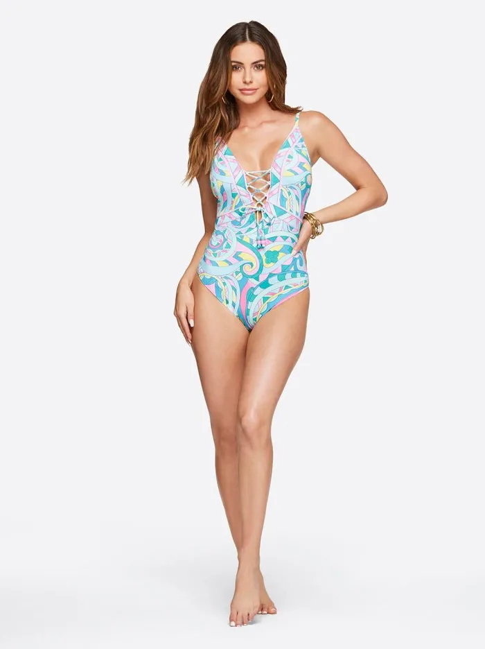 Women Jessica Simpson Swim Lace Front One Piece In Paisley Party