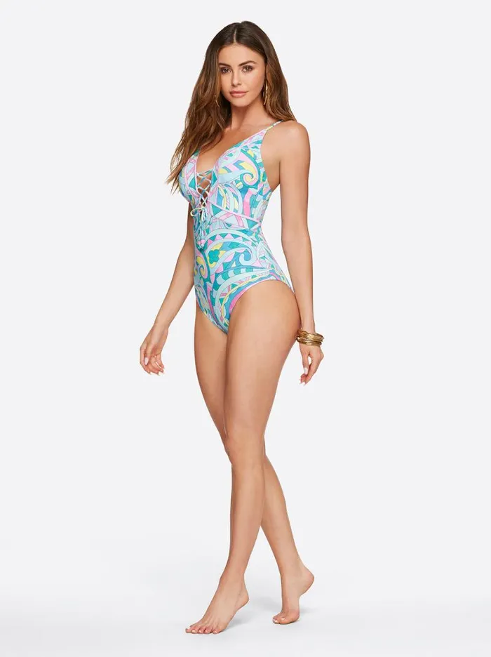 Women Jessica Simpson Swim Lace Front One Piece In Paisley Party