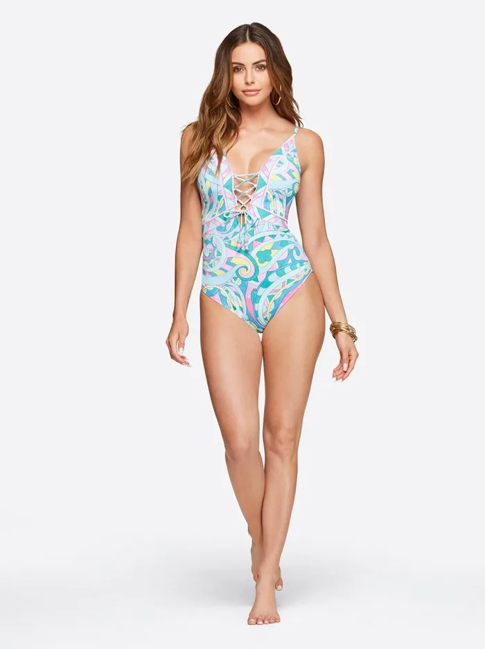 Women Jessica Simpson Swim Lace Front One Piece In Paisley Party
