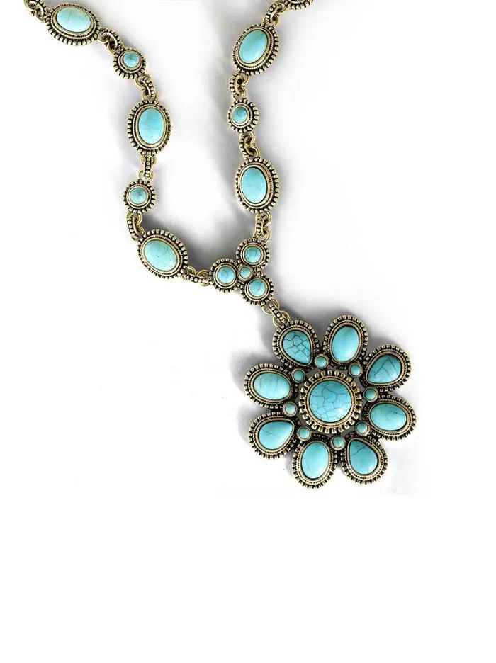 Women Jessica Simpson Turquoise Collection Large Turquoise Stone Flower Necklace In Gold