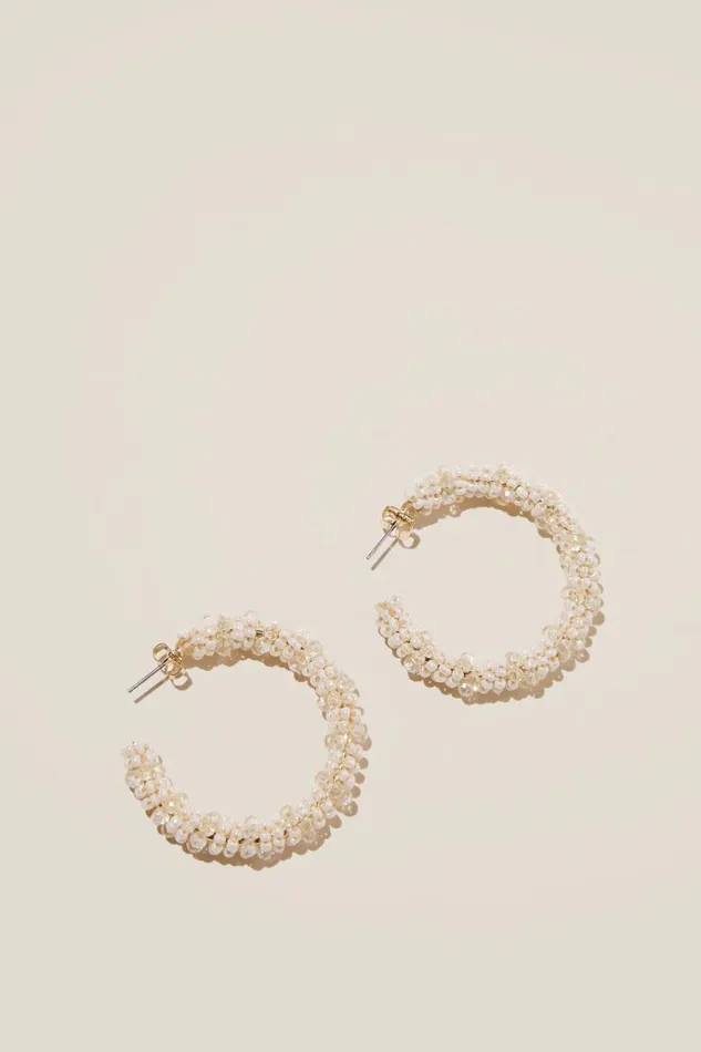 Women Jewelry Cotton On Large Hoop Earring Gold Plated Ecru Beaded