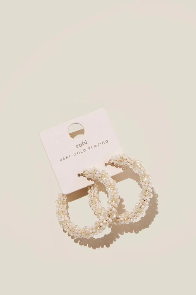 Women Jewelry Cotton On Large Hoop Earring Gold Plated Ecru Beaded