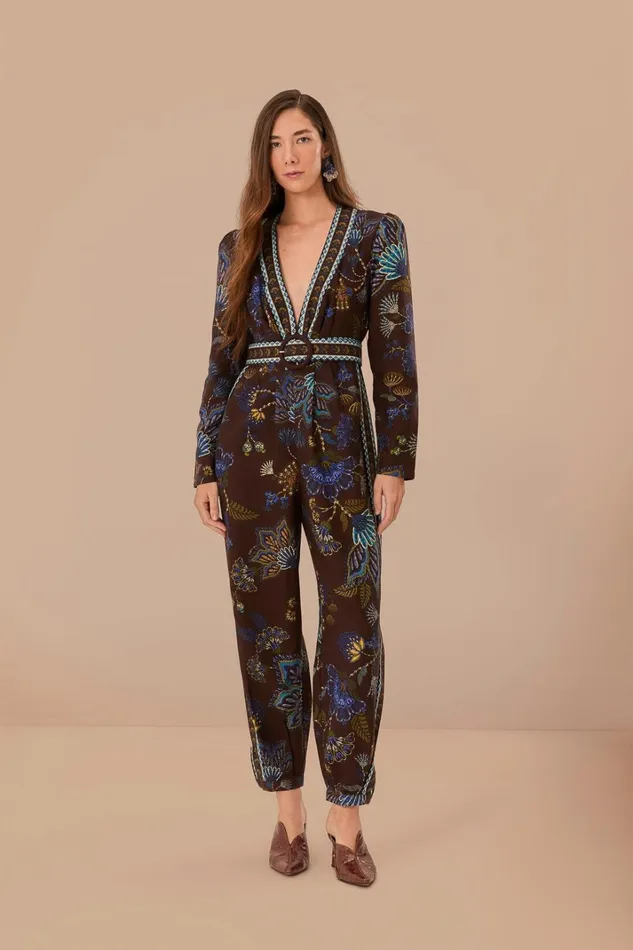 Women Jumpsuits Farm Rio Brown Embroidered Garden V Neck Jumpsuit