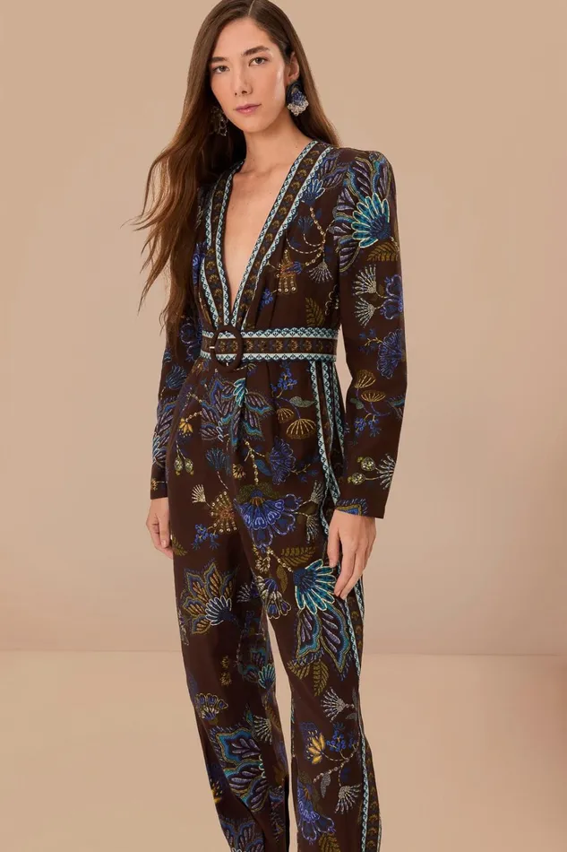 Women Jumpsuits Farm Rio Brown Embroidered Garden V Neck Jumpsuit