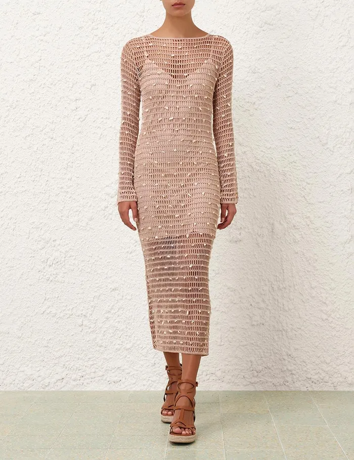 Women Knitwear Zimmermann Wylie Shell Crochet Midi Taupe