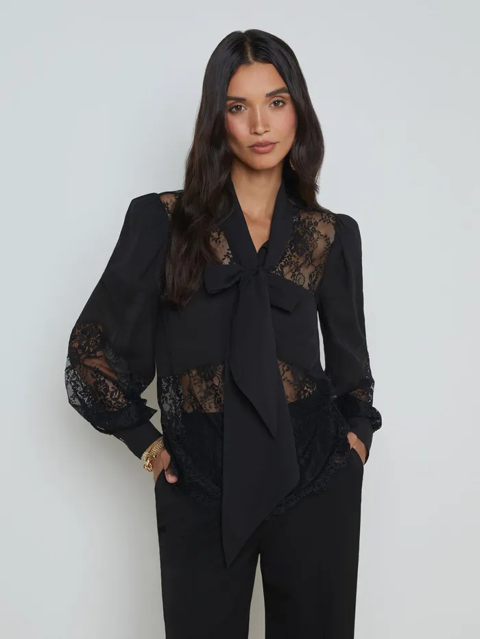 Women L039Agence Blouses and Tops Emmelina Lace TieNeck Blouse Black