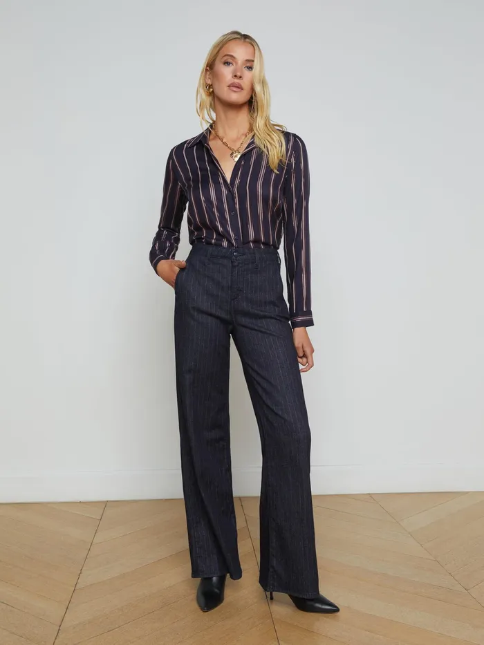 Women L039Agence Pants Angeline Pinstriped Trouser Indigoblue Glitter Stripe