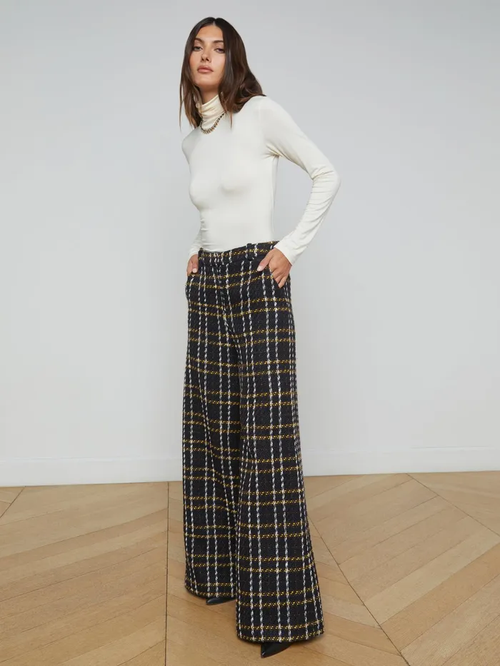 Women L039Agence Pants Pilar Tweed WideLeg Pant Black Yellow Multi Plaid
