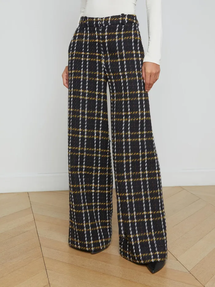 Women L039Agence Pants Pilar Tweed WideLeg Pant Black Yellow Multi Plaid