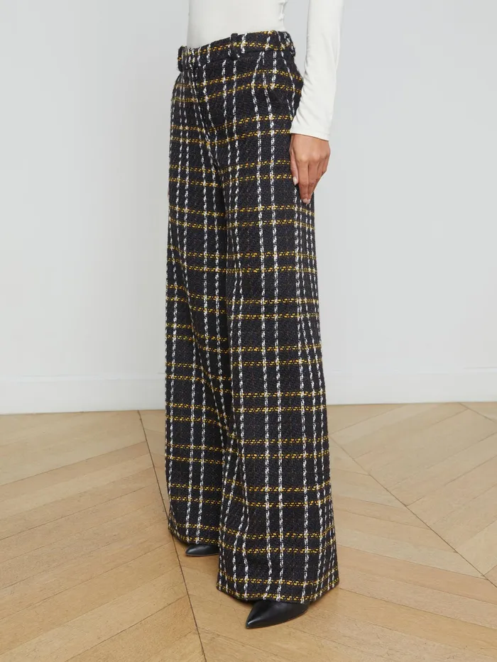Women L039Agence Pants Pilar Tweed WideLeg Pant Black Yellow Multi Plaid