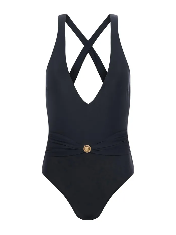 Women L039Agence Swimwear Lisa Plunge OnePiece Swimsuit Blackgold Coin