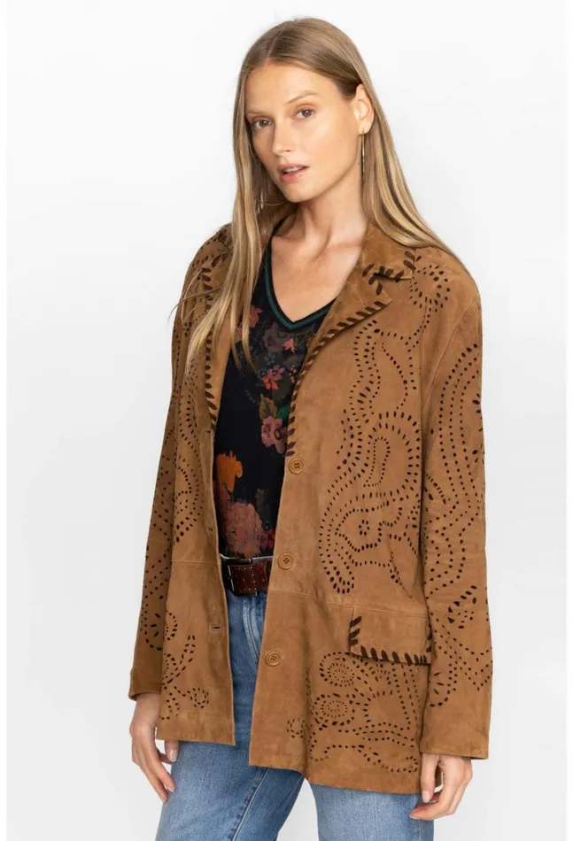 Women Laser Cut Suede Whipstitch Blazer Gold Johnny Was Outerwear