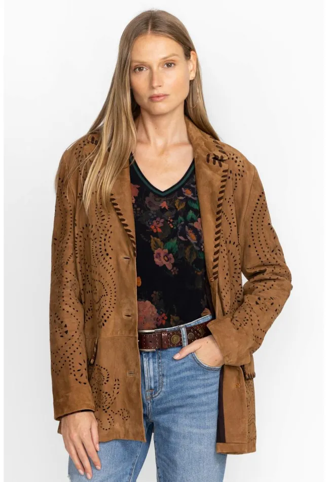 Women Laser Cut Suede Whipstitch Blazer Gold Johnny Was Outerwear