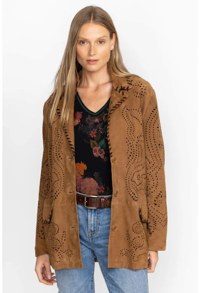 Women Laser Cut Suede Whipstitch Blazer Gold Johnny Was Outerwear