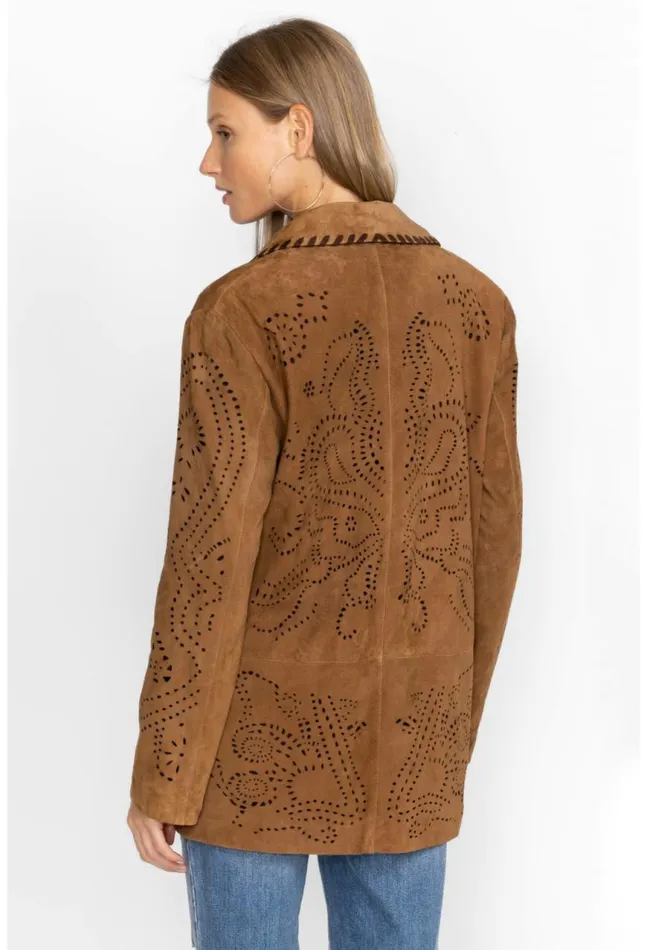 Women Laser Cut Suede Whipstitch Blazer Gold Johnny Was Outerwear