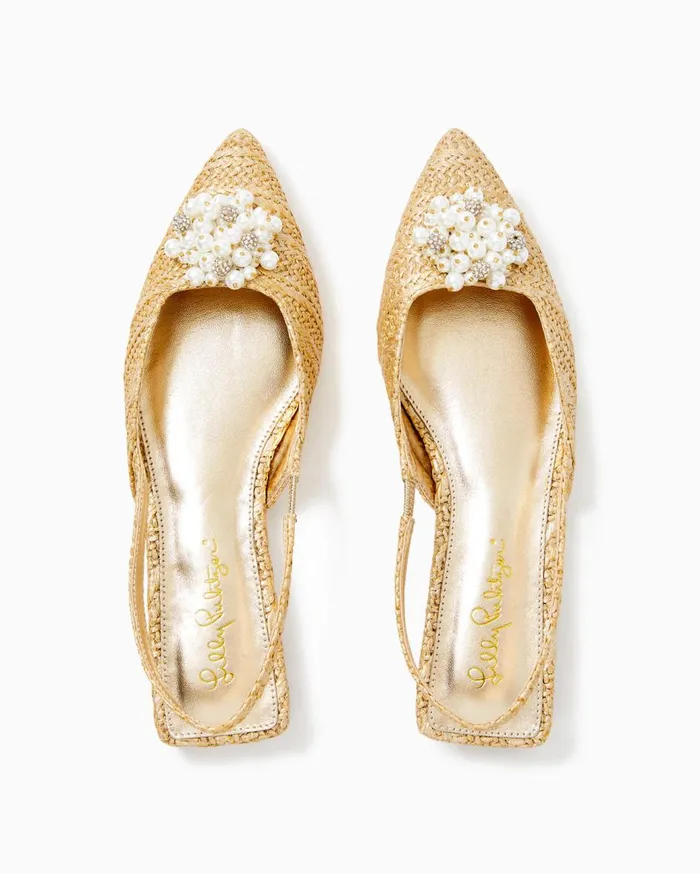 Women Lilly Pulitzer Shoes Brit Straw Slingback Shoe Gold Metallic
