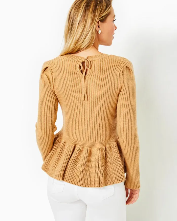 Women Lilly Pulitzer Tops Lanta Ribbed Peplum Sweater Heathered Rattan
