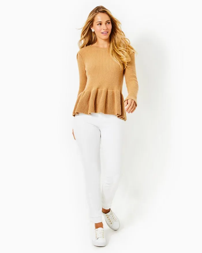 Women Lilly Pulitzer Tops Lanta Ribbed Peplum Sweater Heathered Rattan