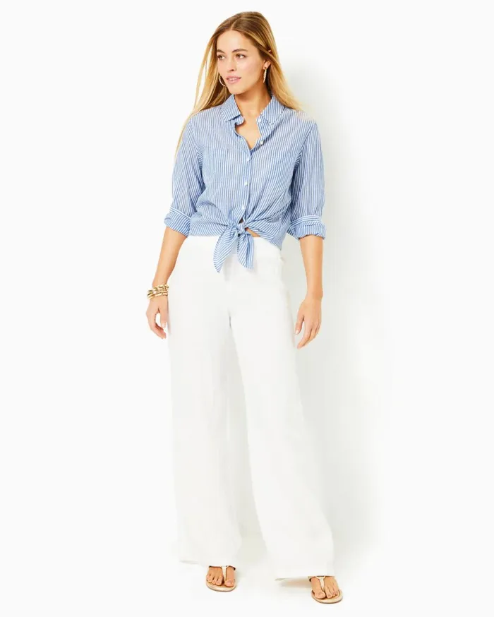 Women Lilly Pulitzer Tops Sea View Button Down Top Coastal Blue Ltwt Oxford Stripe