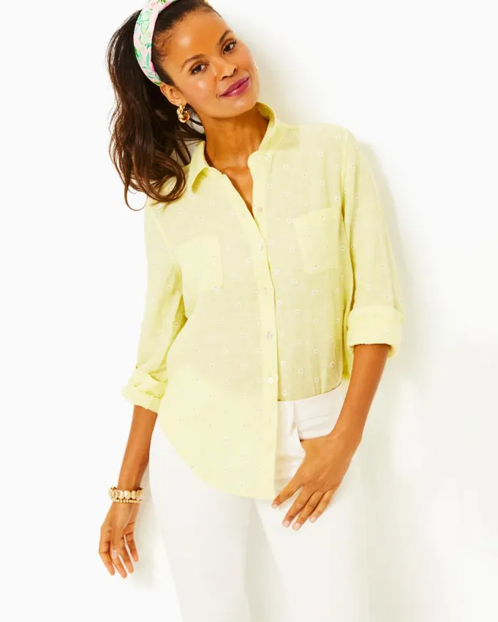Women Lilly Pulitzer Tops Sea View Linen Button Down Top Urchin Pink X Resort White