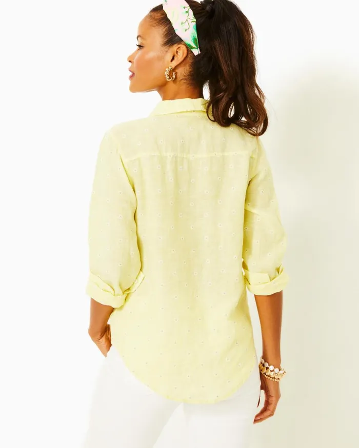 Women Lilly Pulitzer Tops Sea View Linen Button Down Top Urchin Pink X Resort White