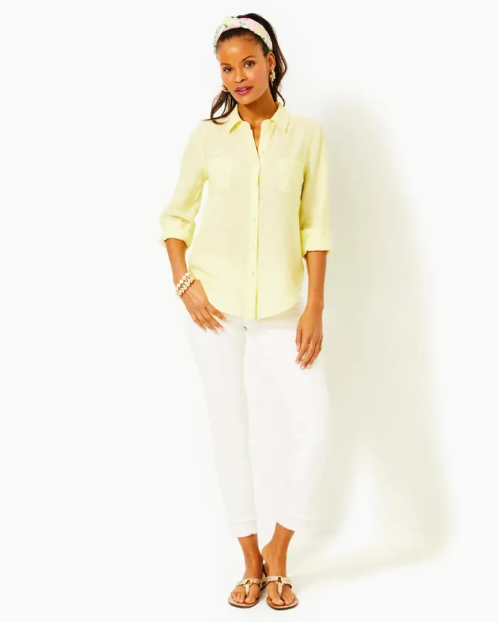 Women Lilly Pulitzer Tops Sea View Linen Button Down Top Urchin Pink X Resort White