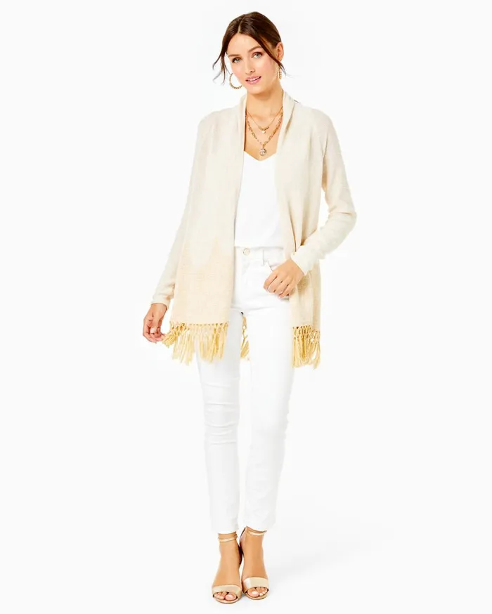 Women Lilly Pulitzer Tops Tatum Long Fringe Hem Cardigan Gold Metallic