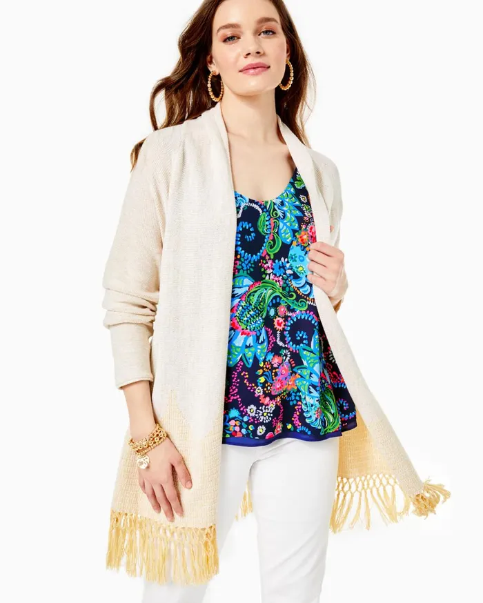 Women Lilly Pulitzer Tops Tatum Long Fringe Hem Cardigan Gold Metallic