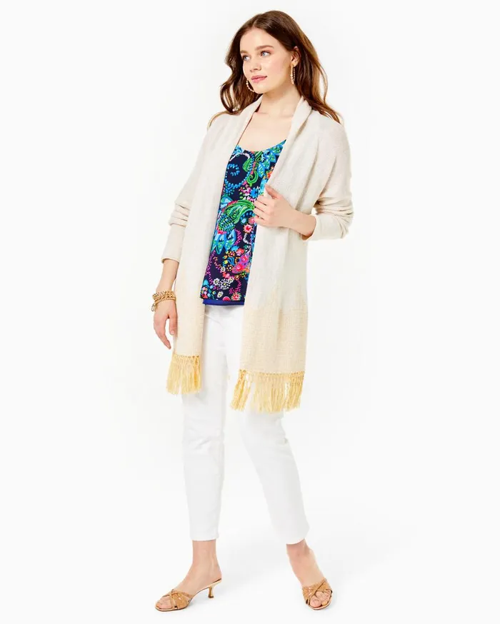Women Lilly Pulitzer Tops Tatum Long Fringe Hem Cardigan Gold Metallic