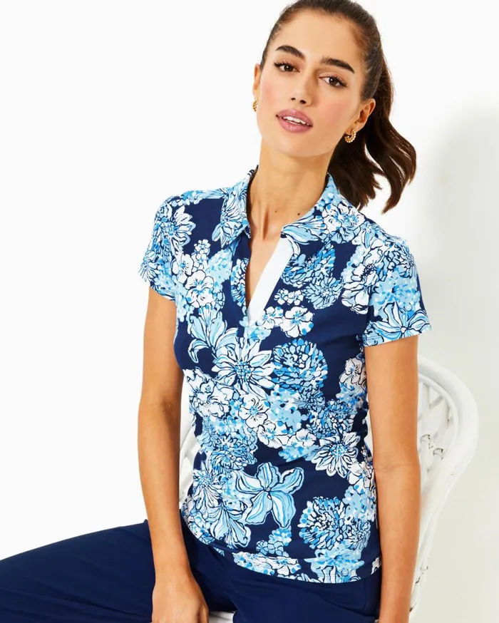 Women Lilly Pulitzer Tops UPF 50 Luxletic Frida Polo Top Low Tide Navy Bouquet All Day