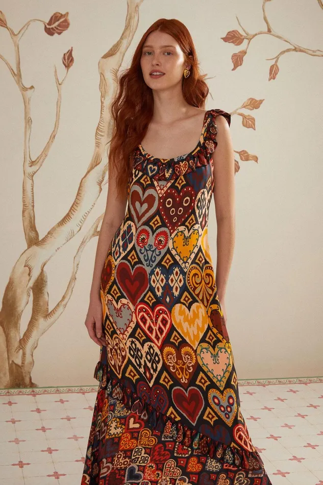 Women Maxi Dresses Farm Rio Black Hearts Ikat Lenzing Ecovero Viscose Maxi Dress