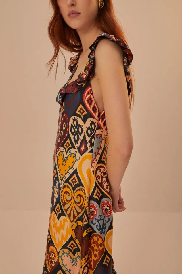 Women Maxi Dresses Farm Rio Black Hearts Ikat Lenzing Ecovero Viscose Maxi Dress