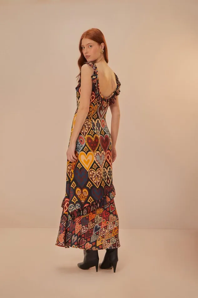 Women Maxi Dresses Farm Rio Black Hearts Ikat Lenzing Ecovero Viscose Maxi Dress