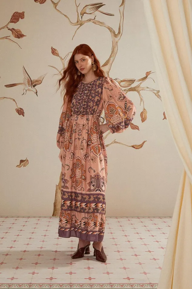 Women Maxi Dresses Farm Rio Glam Tapestry Burgundy Long Sleeve Maxi Dress