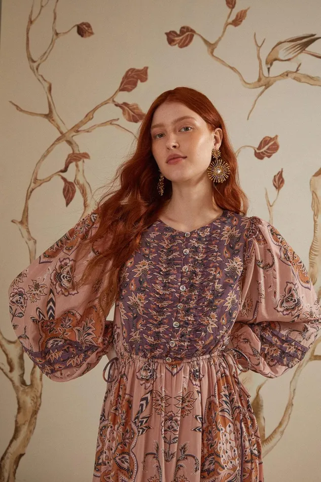 Women Maxi Dresses Farm Rio Glam Tapestry Burgundy Long Sleeve Maxi Dress