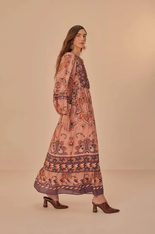 Women Maxi Dresses Farm Rio Glam Tapestry Burgundy Long Sleeve Maxi Dress