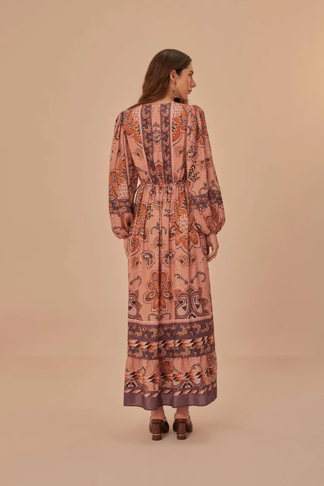 Women Maxi Dresses Farm Rio Glam Tapestry Burgundy Long Sleeve Maxi Dress