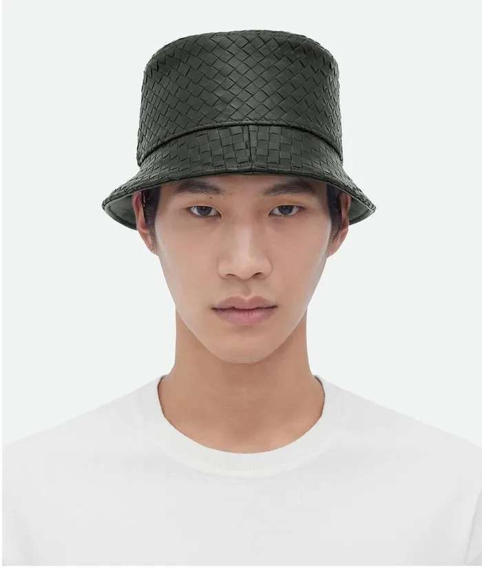 WomenMen Bottega Veneta Hats Intrecciato Leather Bucket Hat Dark Green