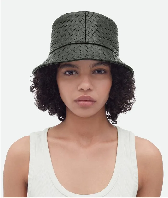 WomenMen Bottega Veneta Hats Intrecciato Leather Bucket Hat Dark Green