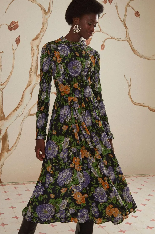 Women Midi Dresses Farm Rio Black Capri Floral Midi Dress Long Sleeve