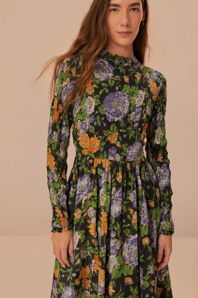 Women Midi Dresses Farm Rio Black Capri Floral Midi Dress Long Sleeve