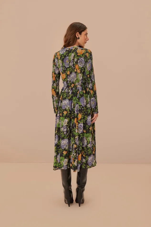 Women Midi Dresses Farm Rio Black Capri Floral Midi Dress Long Sleeve