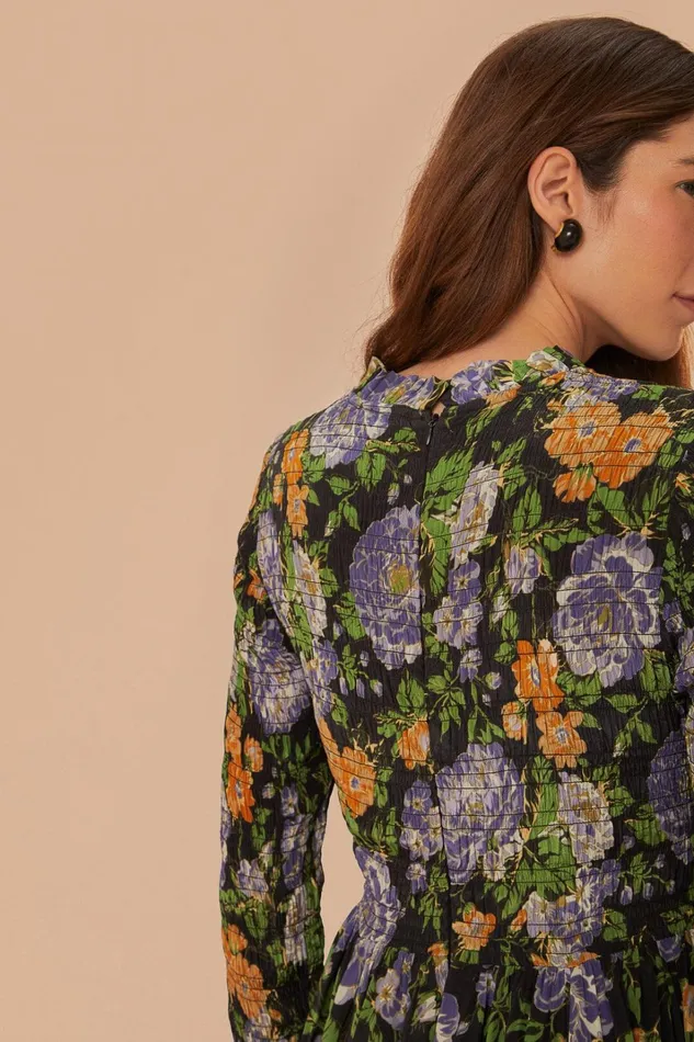 Women Midi Dresses Farm Rio Black Capri Floral Midi Dress Long Sleeve