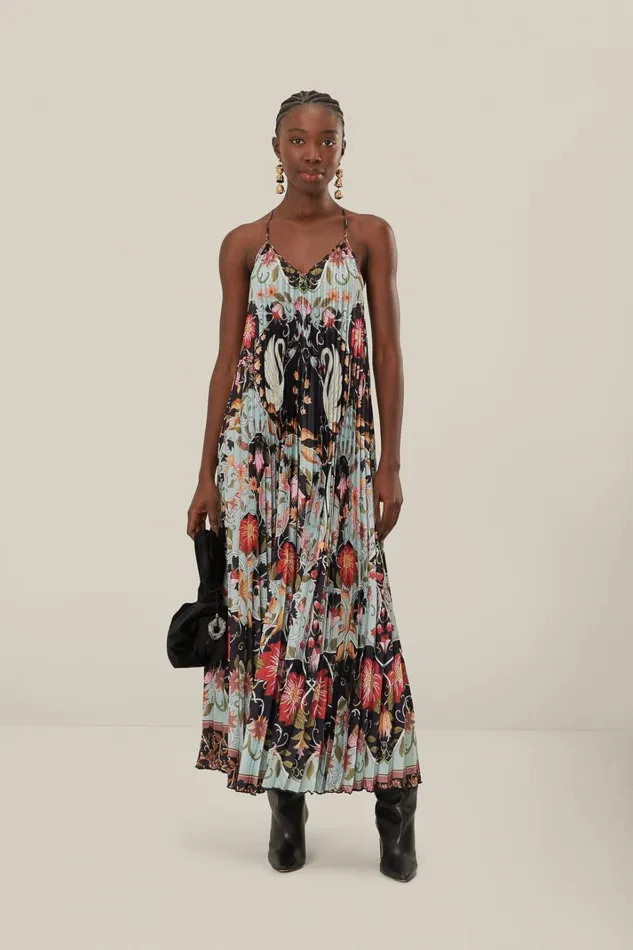 Women Midi Dresses Farm Rio Blue Flowing Beauty Pleated Sleeveless Midi Dress