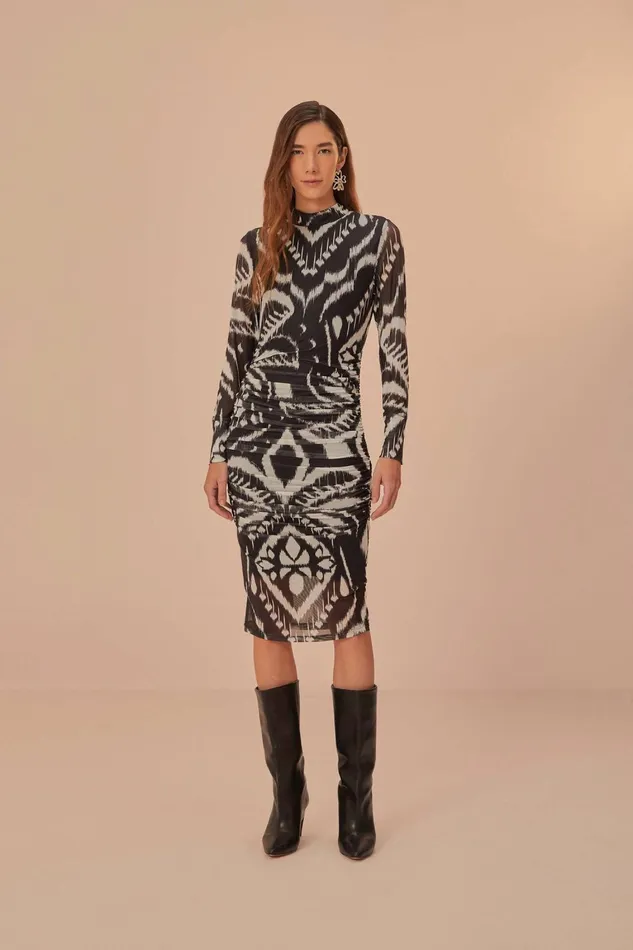 Women Midi Dresses Farm Rio Pineapple Ikat Black Tulle Midi Dress