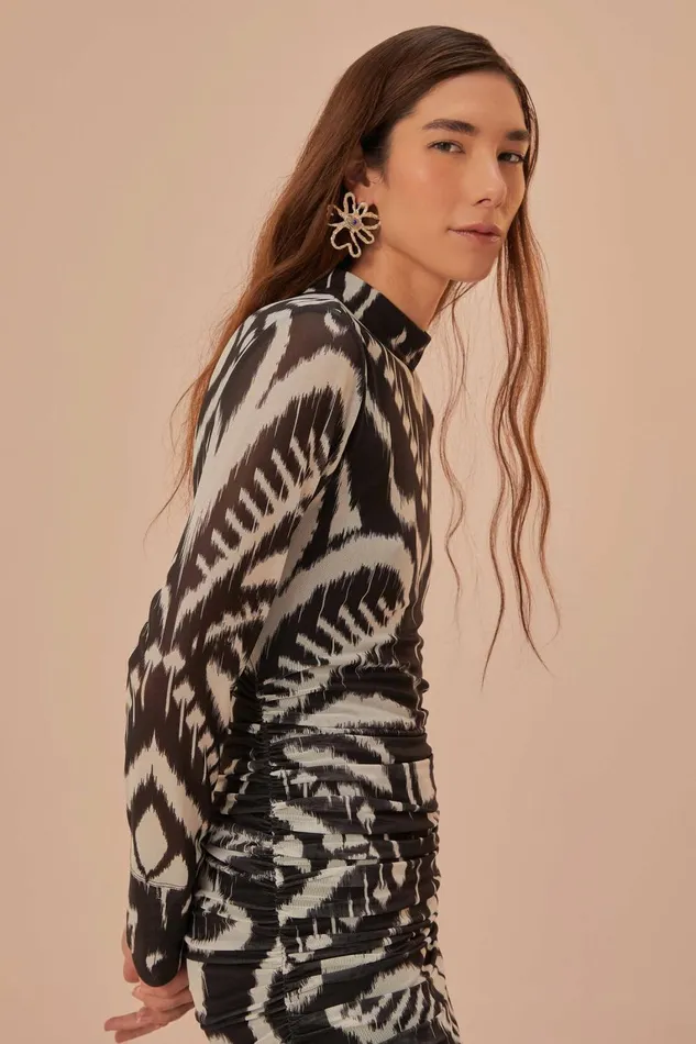 Women Midi Dresses Farm Rio Pineapple Ikat Black Tulle Midi Dress