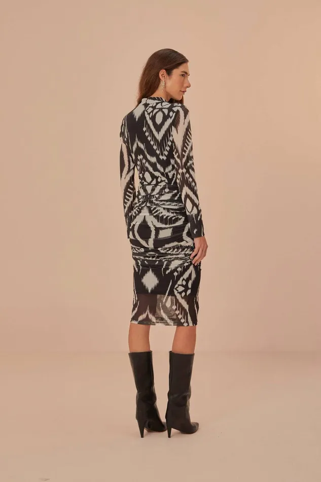 Women Midi Dresses Farm Rio Pineapple Ikat Black Tulle Midi Dress
