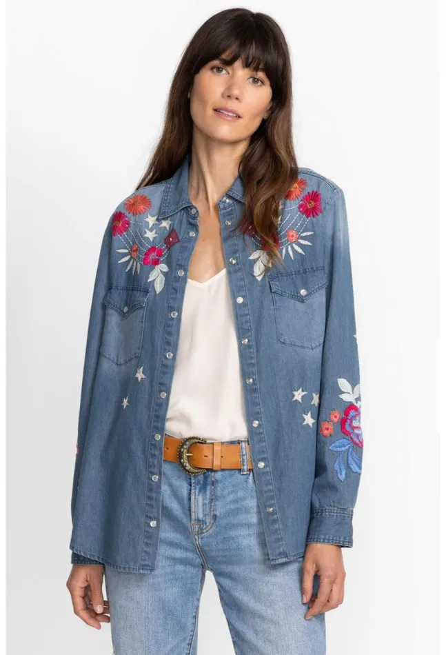 Women Mika Denim Pocket Shirt Denim Blue Johnny Was Tops